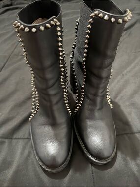 Christian Louboutin Black Leather Studded Mid-Calf Boots